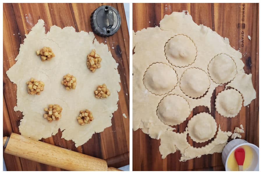 left hand picture: pie dough rolled out with 7 mounds of apple filling on it. right hand picture with the top pie dough placed over the top and the 7 hand pies cut.