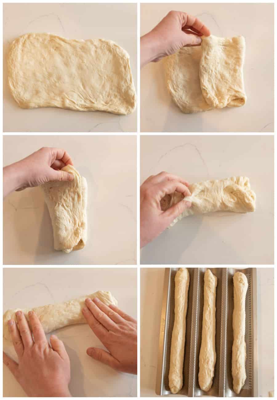 A six-step photo collage illustrates a baguette recipe: hands folding, stretching, and rolling dough into long baguette shapes, then placing three shaped dough logs onto a perforated baking tray.