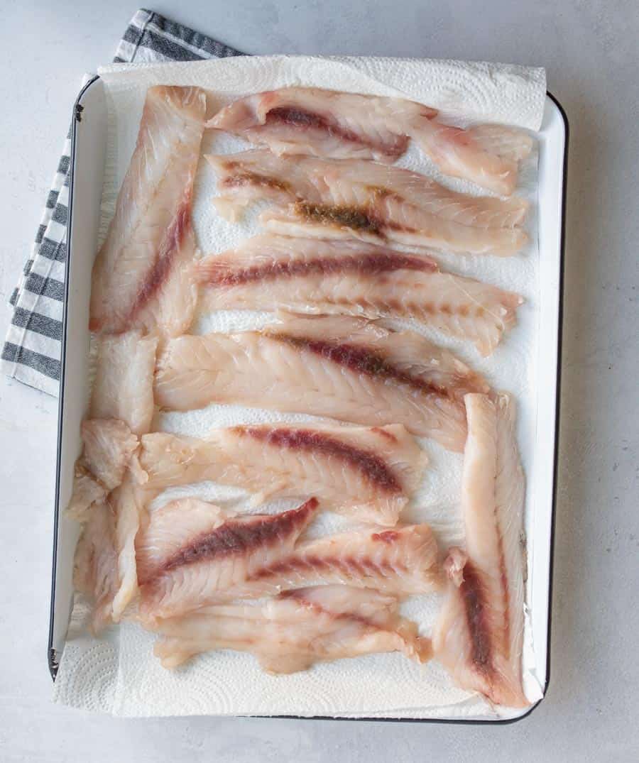 raw fish fillet drying on a baking sheet with a paper towel.