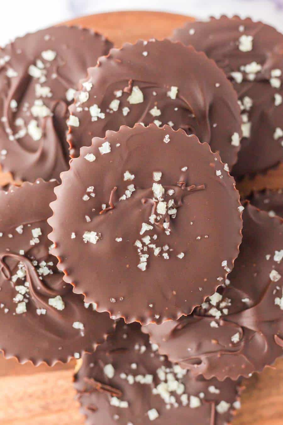 close up top view of homemade chocolate peanut butter cups.