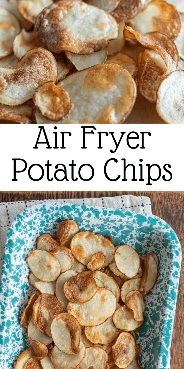 pin for ar fryer potato chips with image of crispy thinly sliced homemade chips