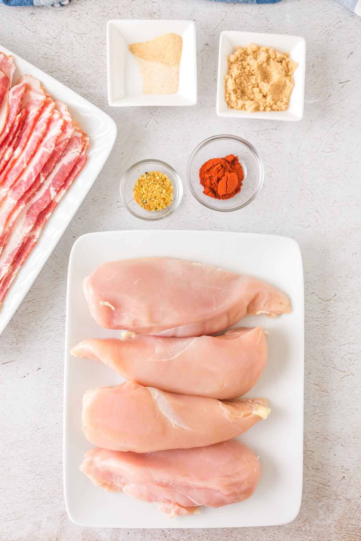 Ingredients for bacon wrapped chicken.