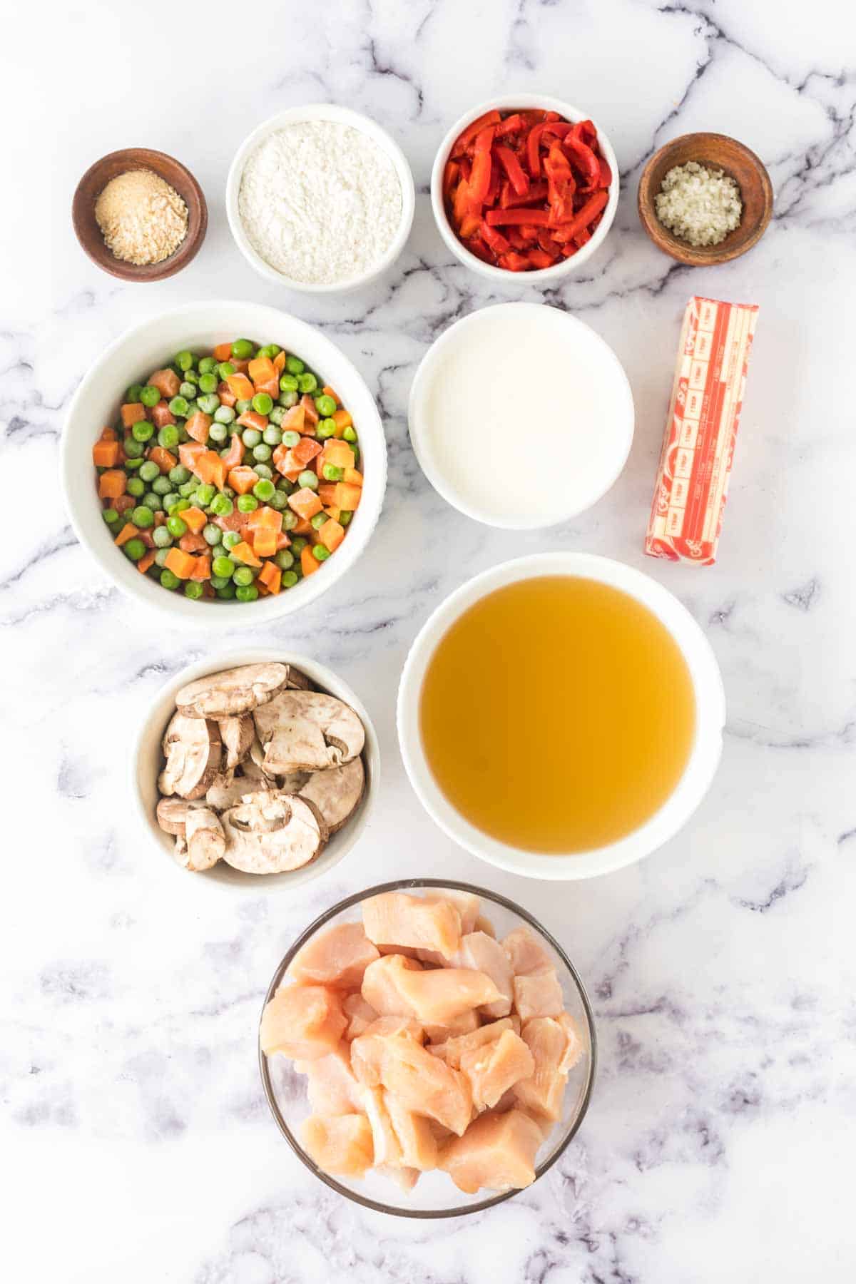 Ingredients for chicken a la king.