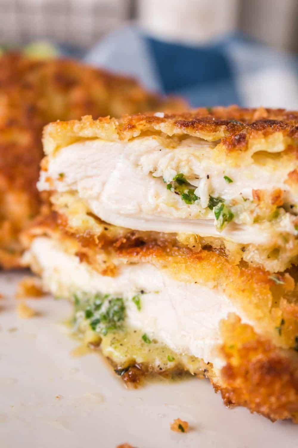 Chicken Kiev showing the buttery, parsley filled chicken breast.