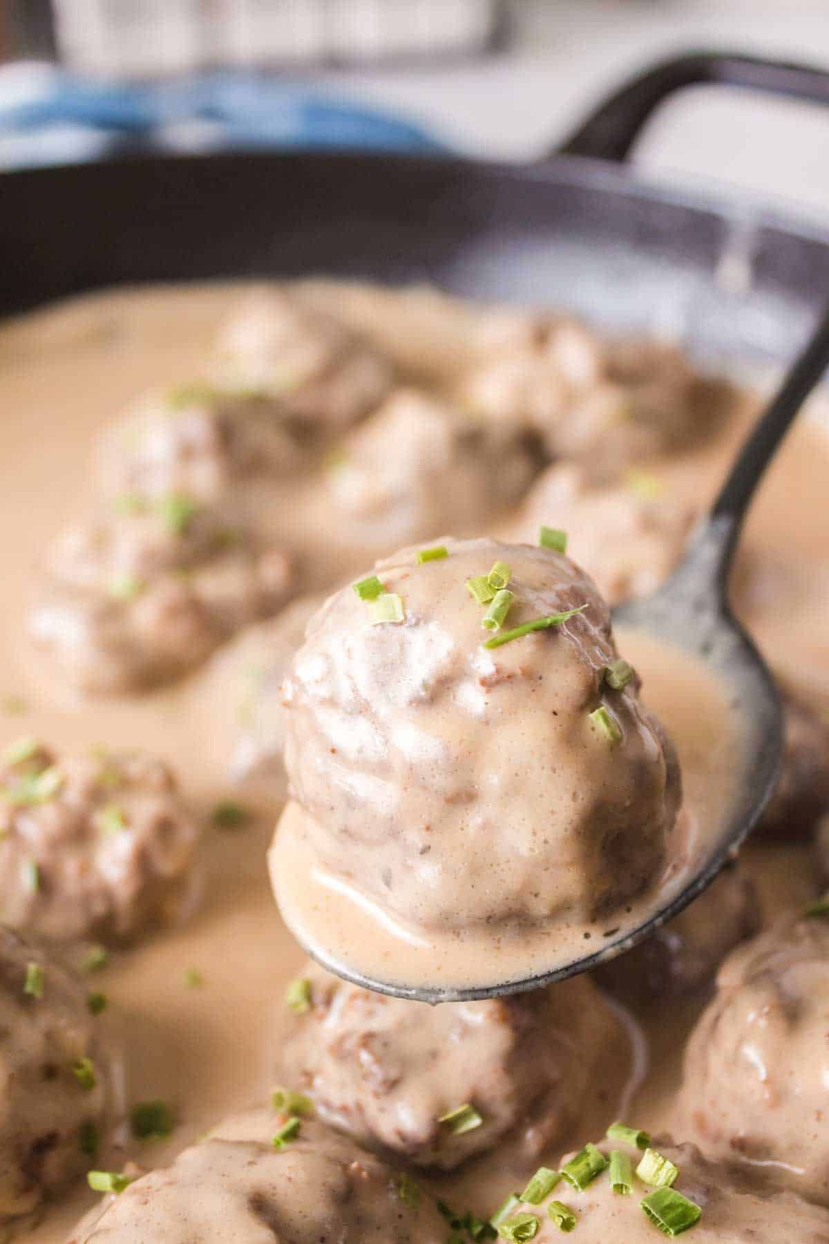swedish meatball POV on a spoon with sauce