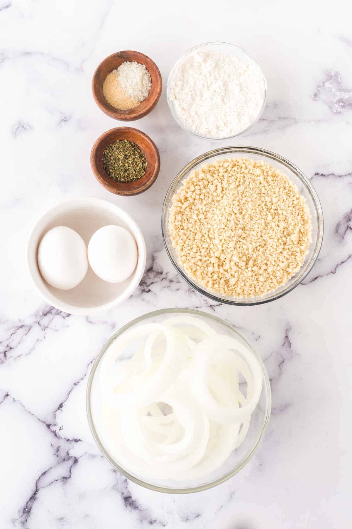 raw ingredients for air fryer onion rings.
