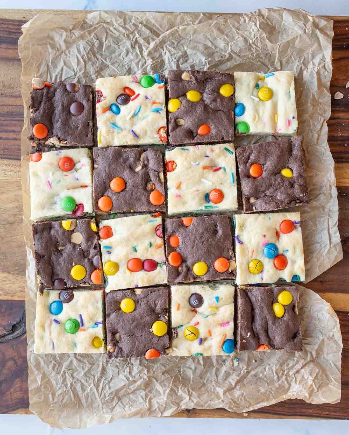 Cake bars that are both chocolate and vanilla.