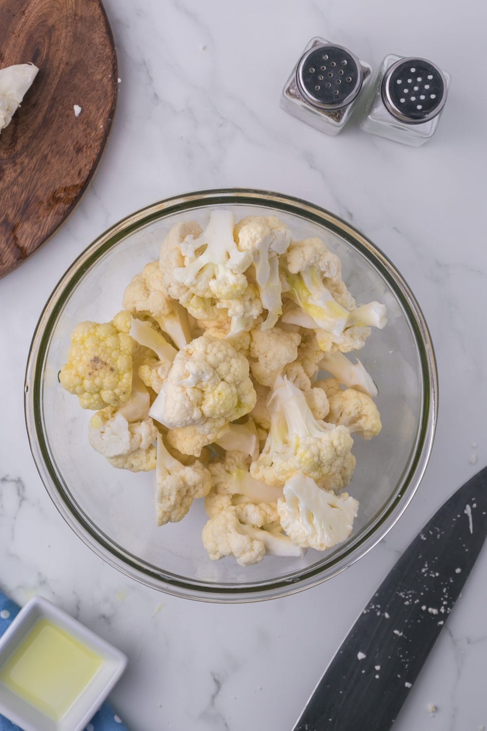 clear dish of chopped cauliflower
