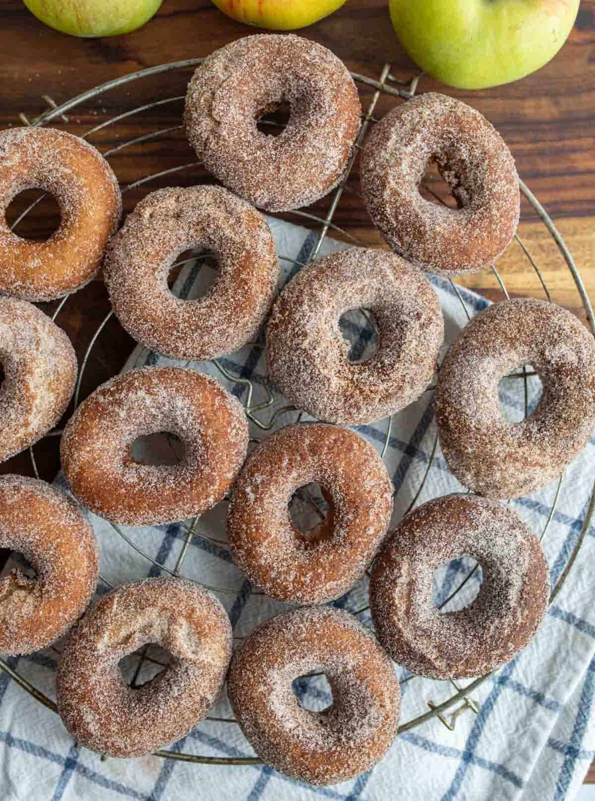 top view of apple cider donuts and holes dusted with sugar on a cooling rack.