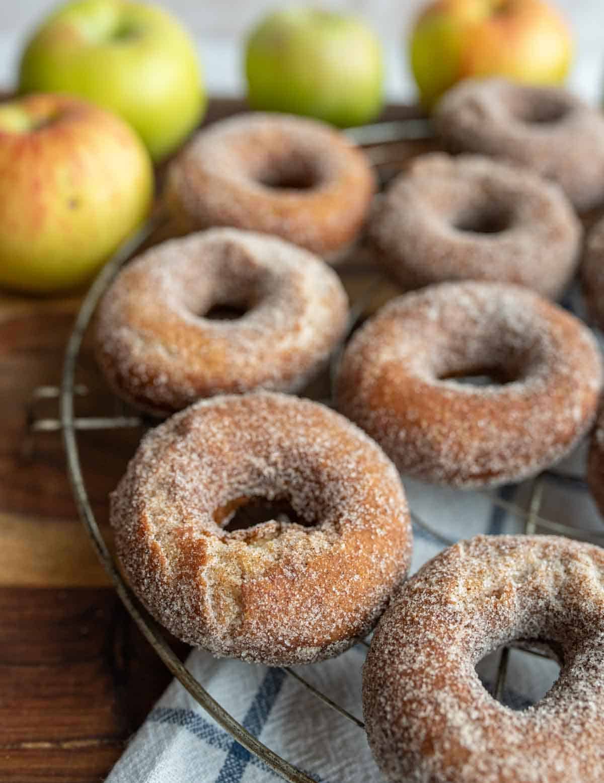apple cider donuts and holes dusted with sugar on a cooling rack.