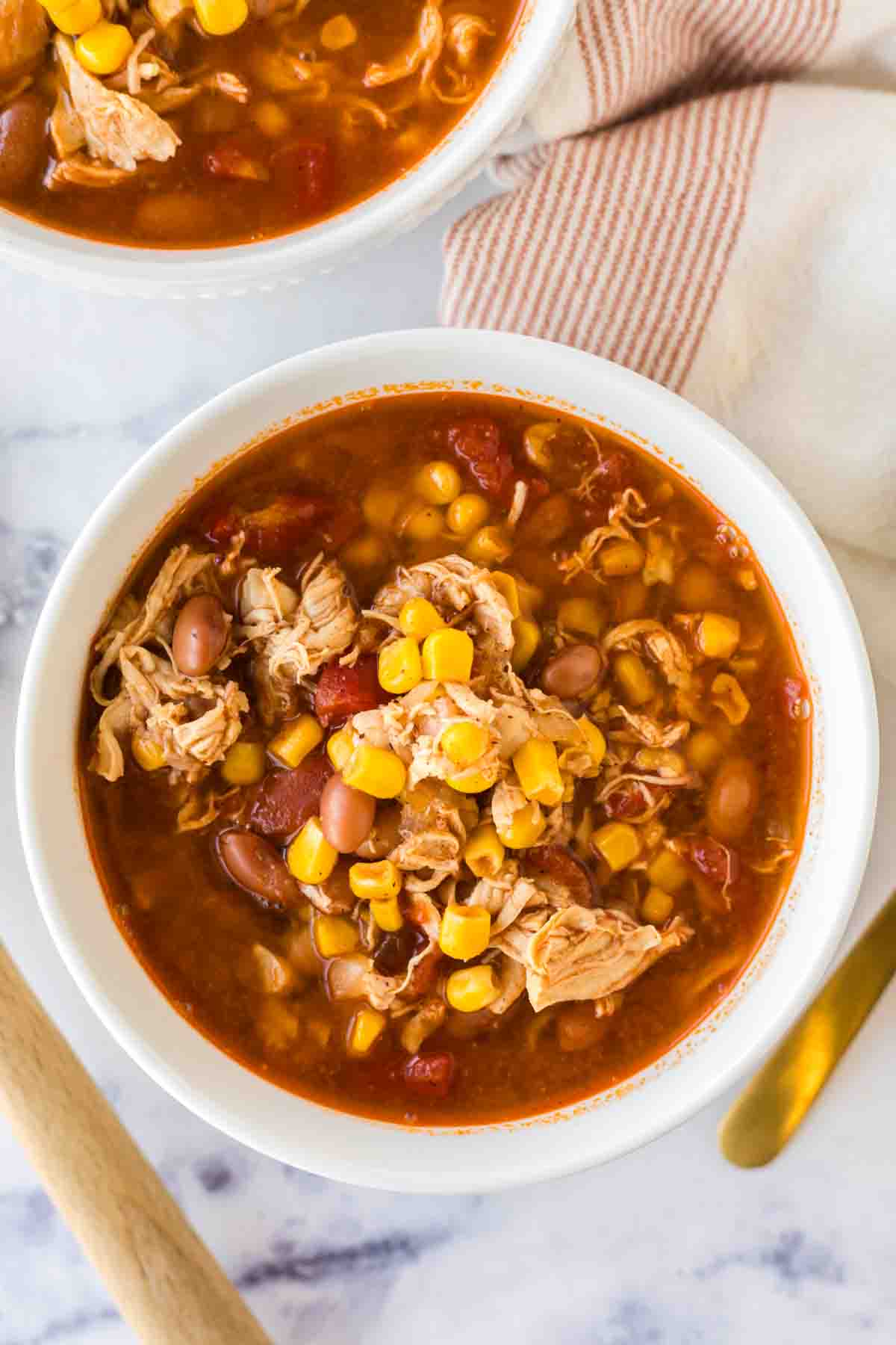 Bowl of Brunswick stew in a white bowl.