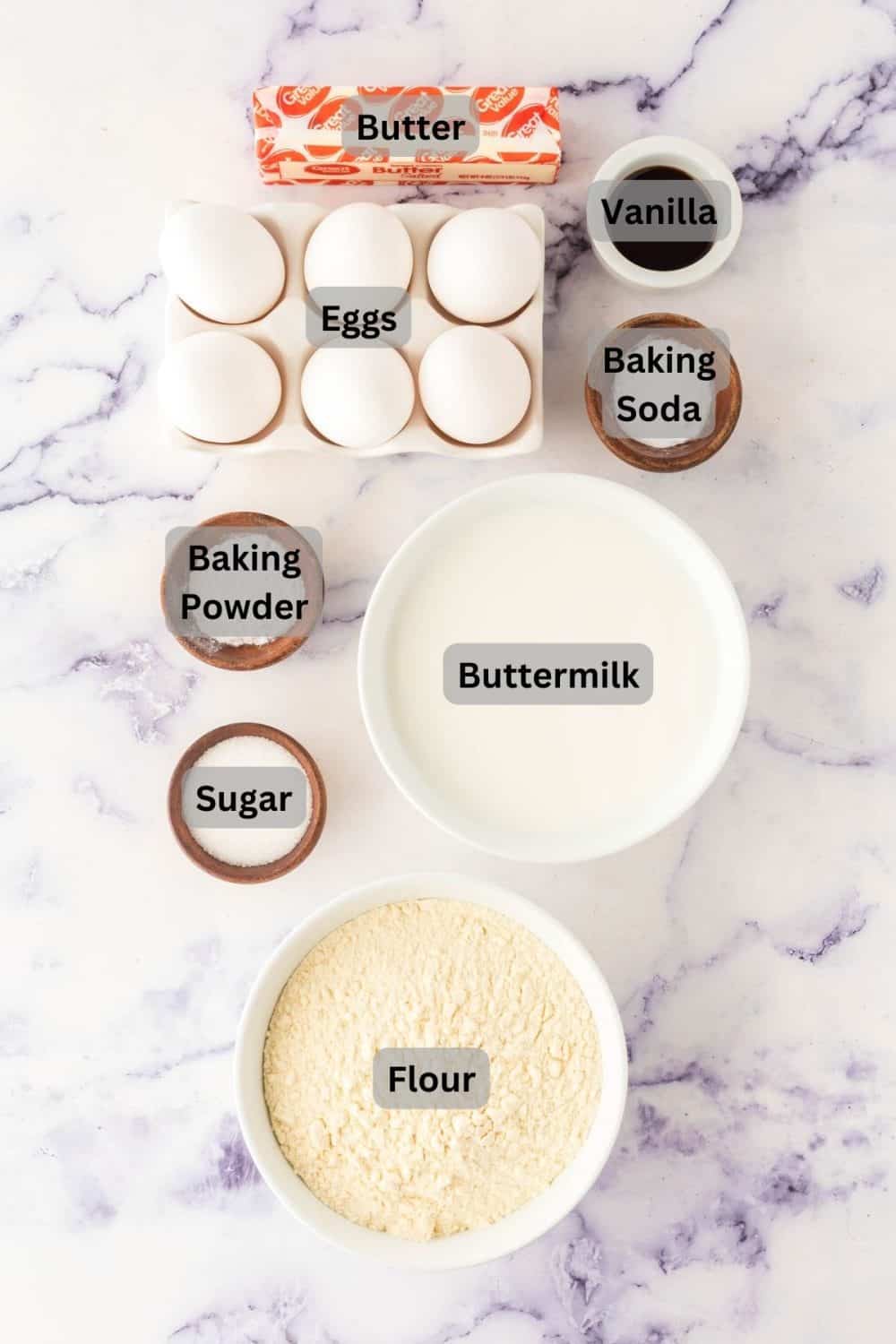 small portion dishes labeled with the raw ingredients to make buttermilk waffles.