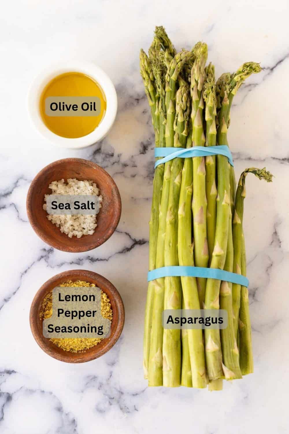 Labeled ingredients for air fryer asparagus.