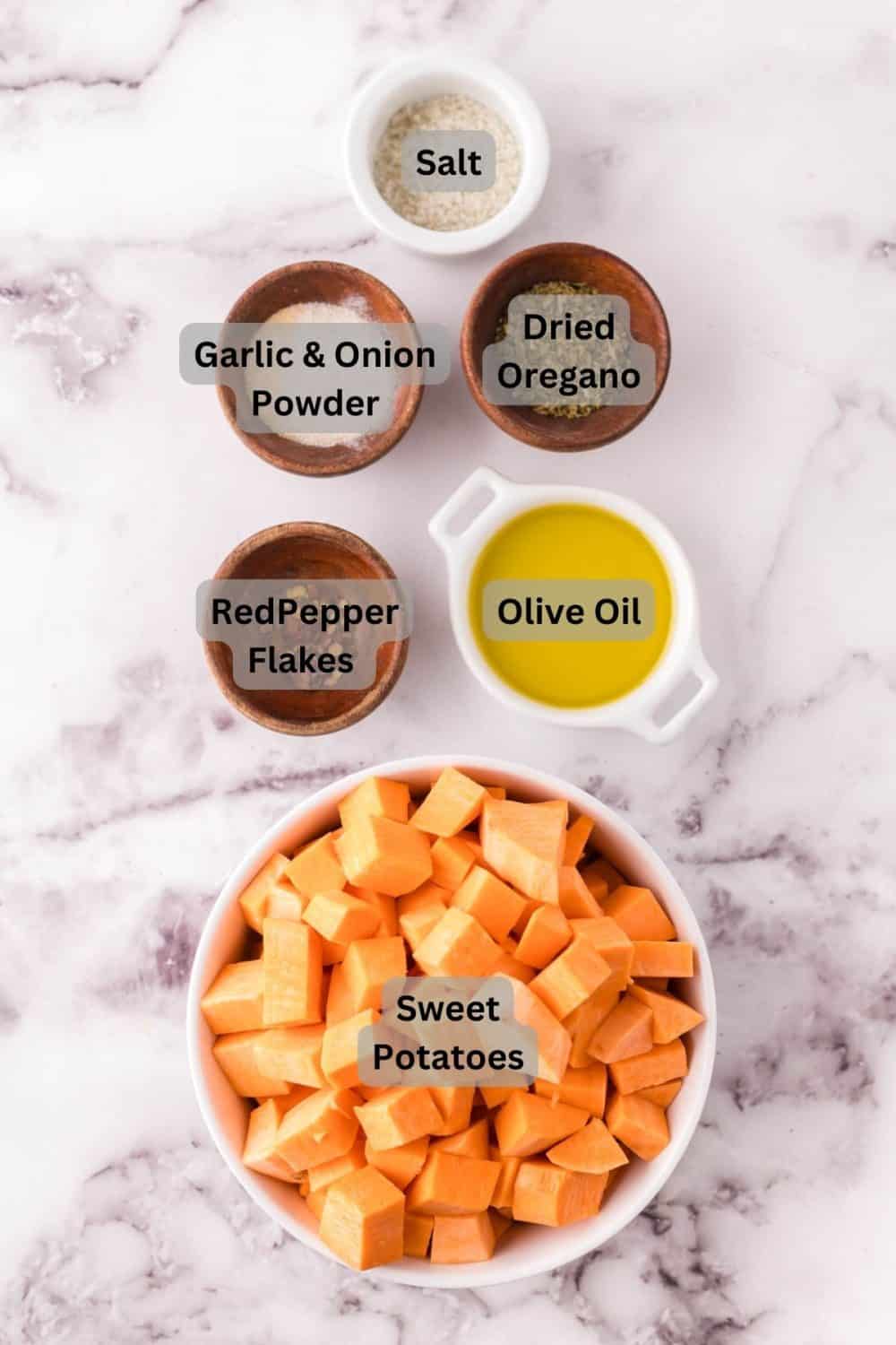 top view of digitally labeled portion dishes of raw ingredients for the air fryer sweet potatoes recipe