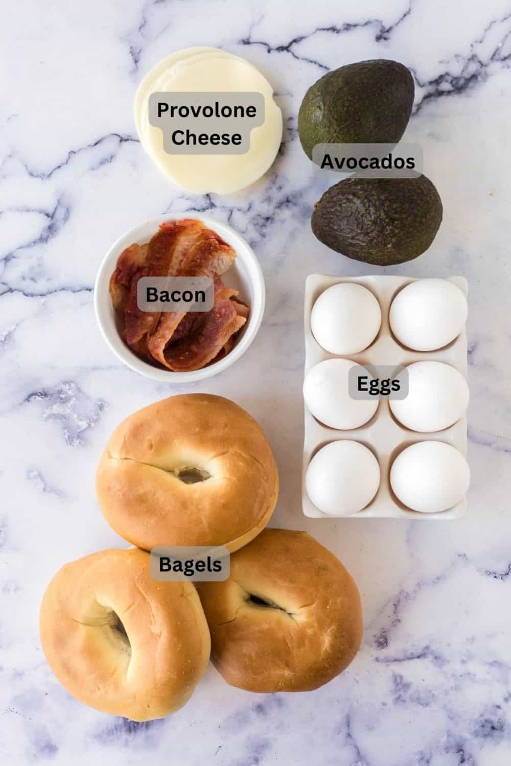 Labeled ingredients for bagel sandwich.