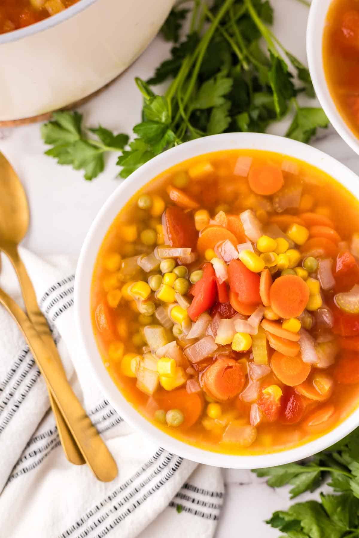 Bright and full bowl of vegetable soup.