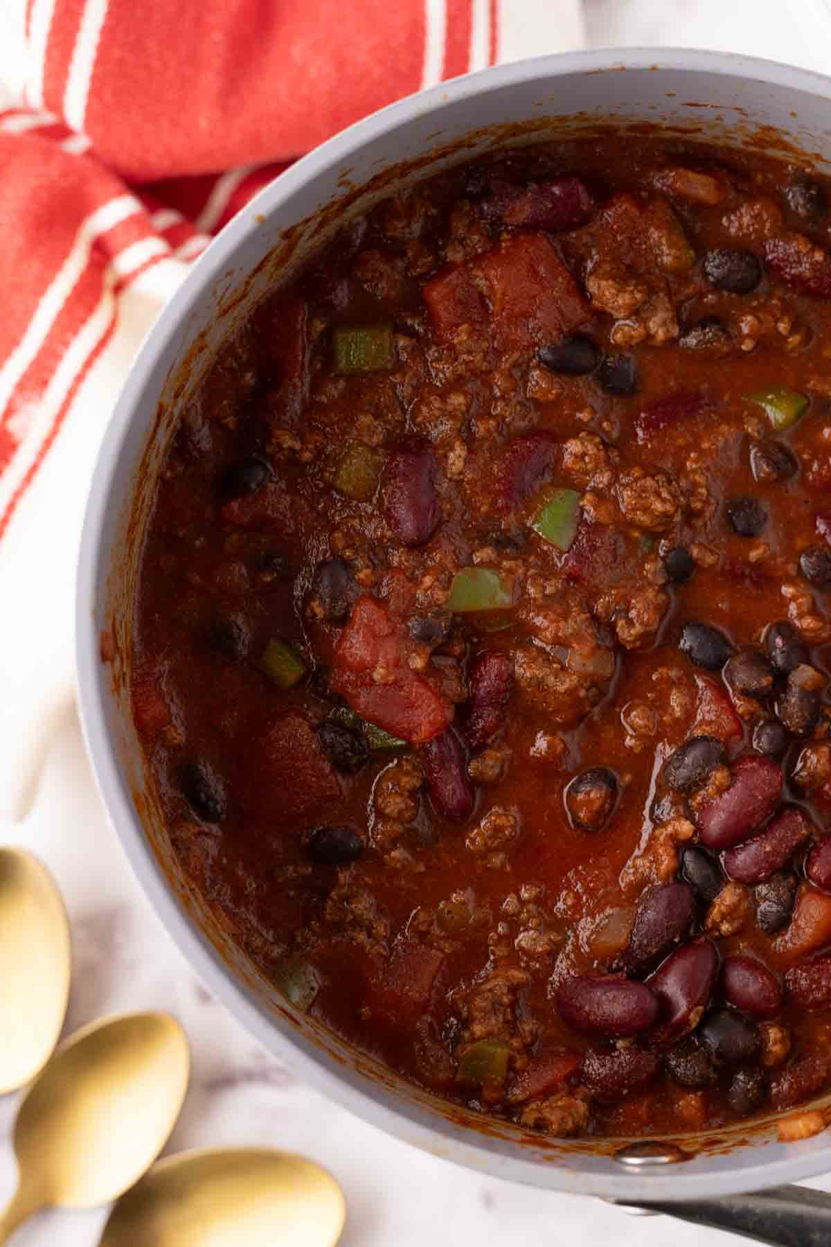 Close up view of Wendy's chili in a pot.