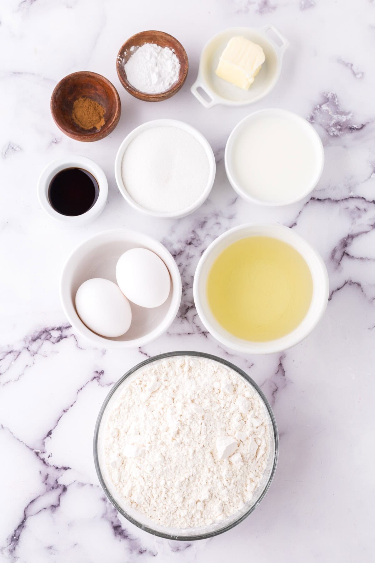 Measured out ingredients for making 15 minute donuts.