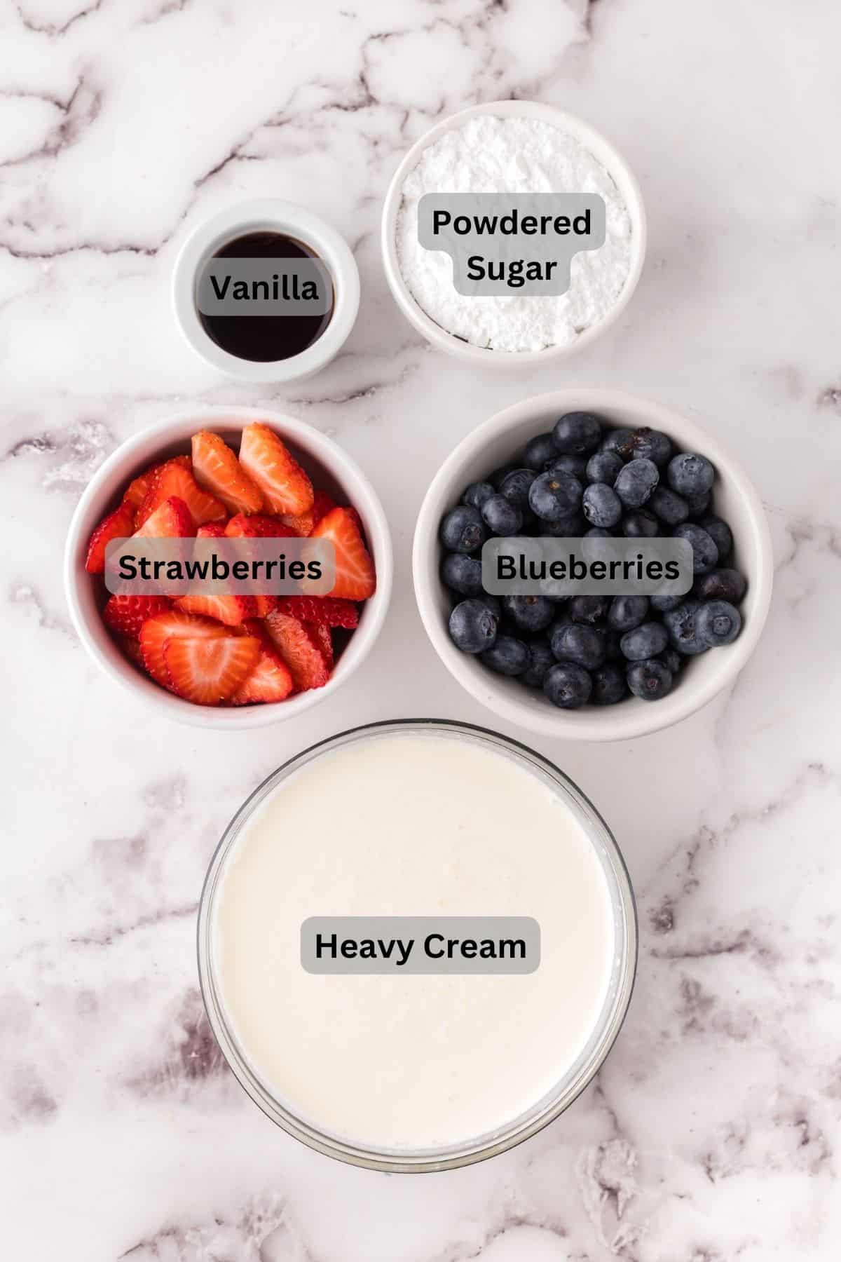 portion bowls each with digitally labeled raw ingredients to make berries and cream.