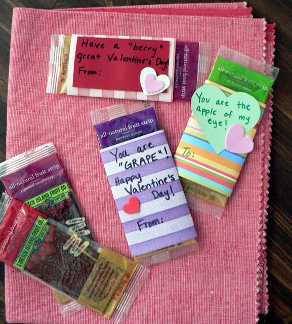 Fruit strips with cute sayings and foam heart stickers.