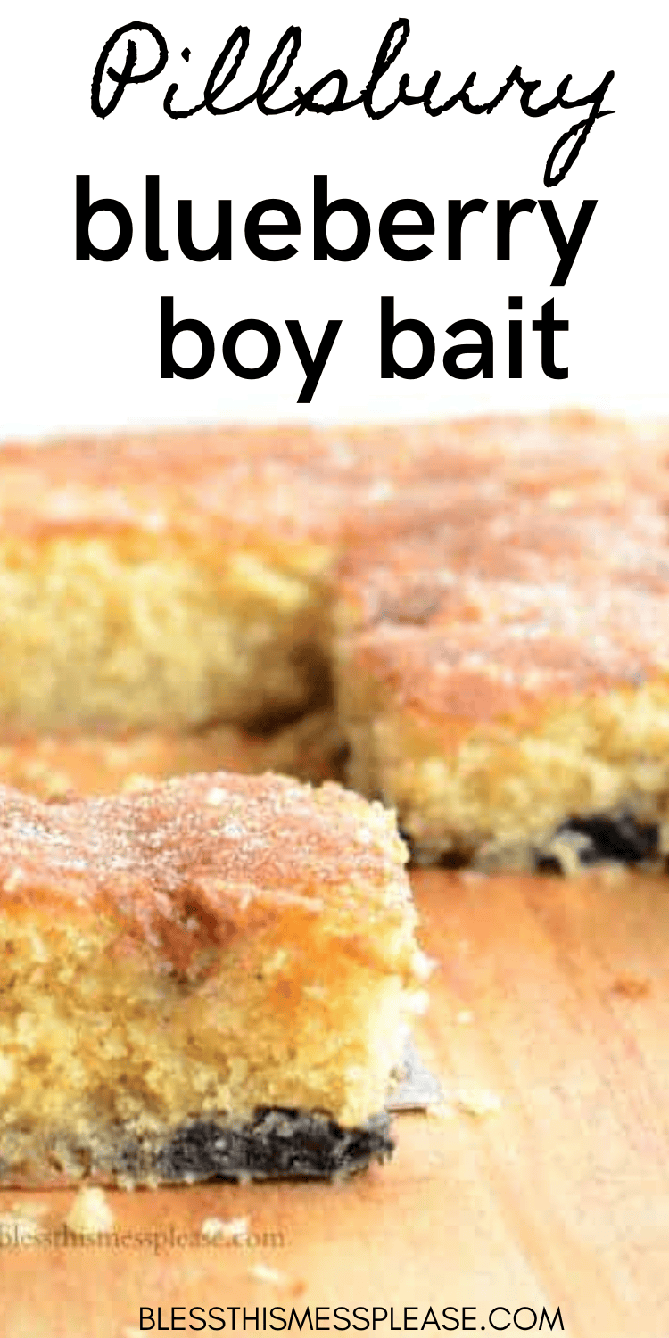 Squares of blueberry boy bait, a golden cake with a lightly sugared top, rest invitingly on a wooden surface. The image features the text Pillsbury blueberry boy bait alongside the website URL
