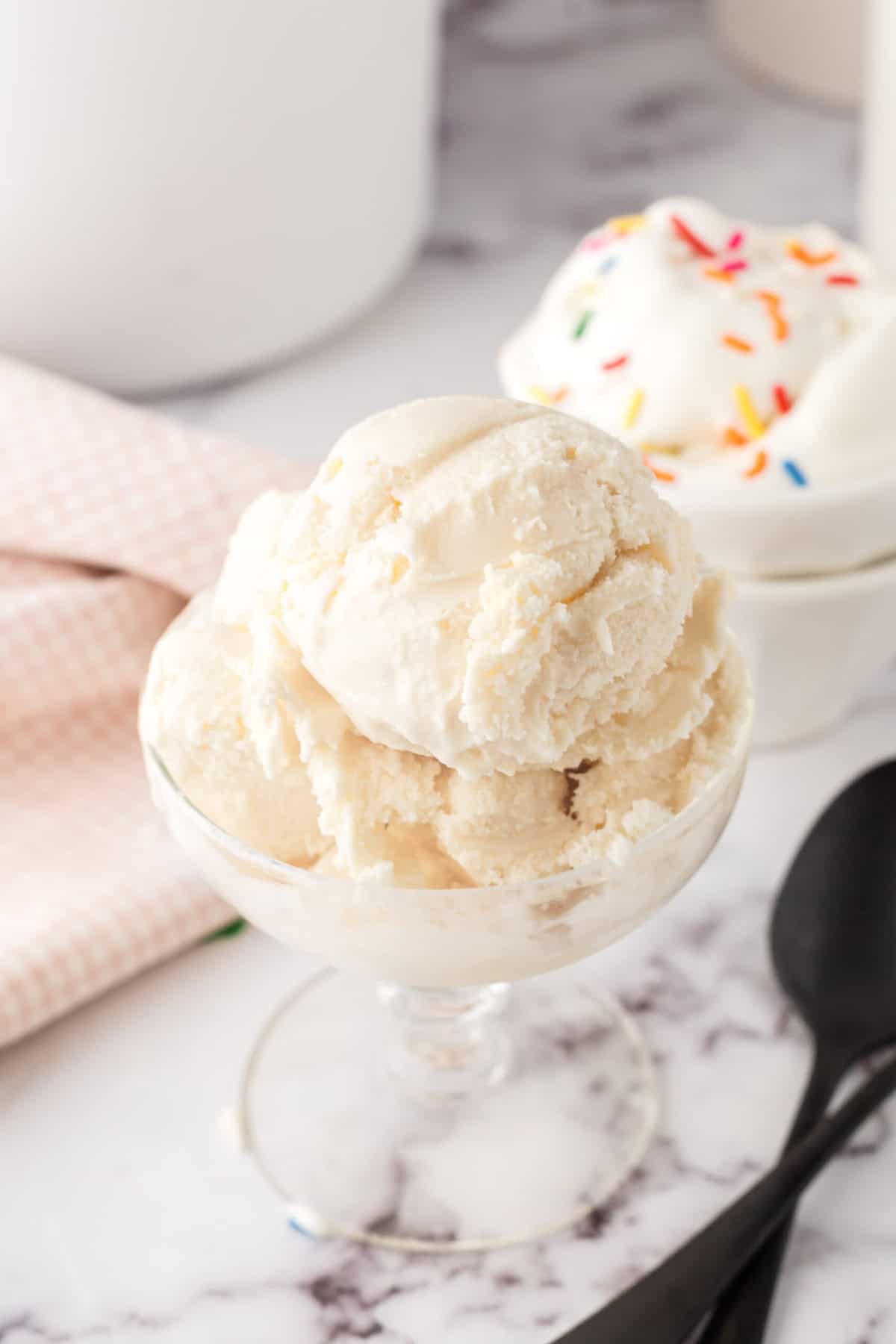 cake batter ice cream in a fancy clear dish.