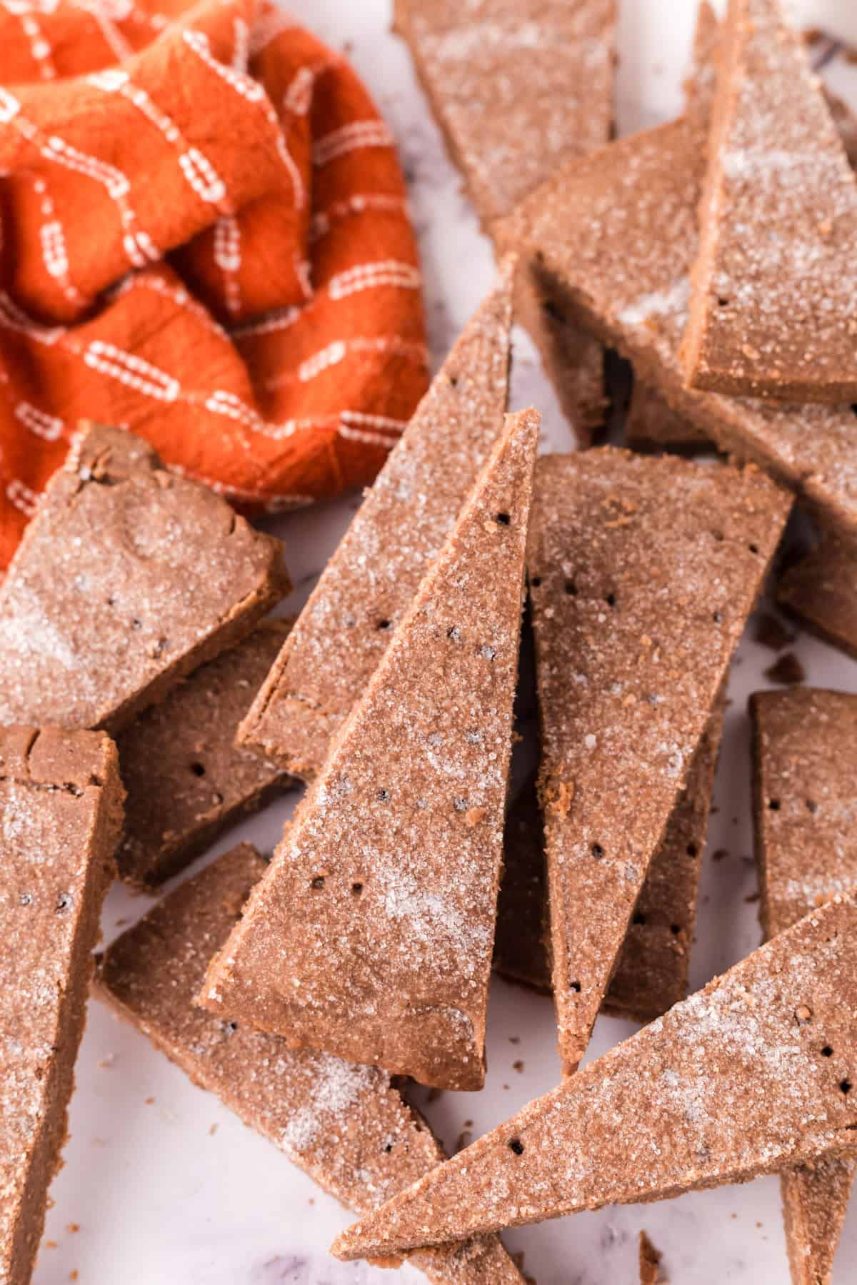 a pile of chocolate shortbread slices.