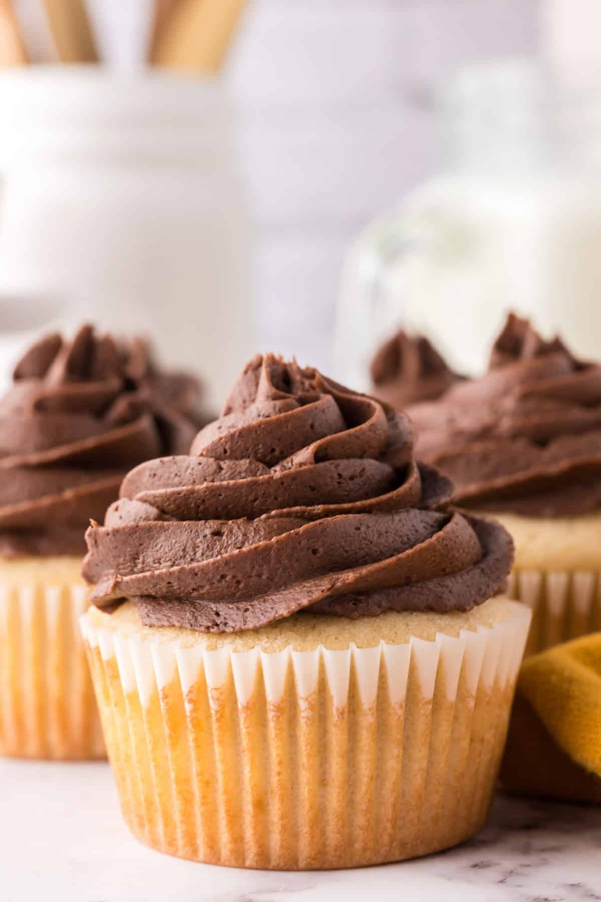 vanilla cupcakes with chocolate frosting.