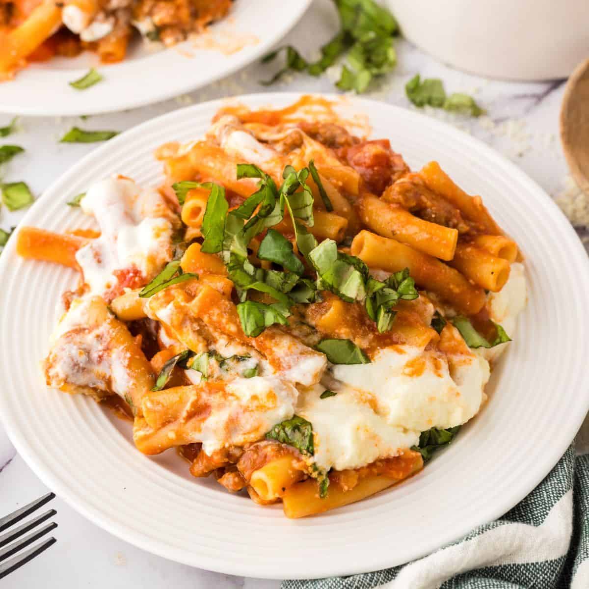 white plate with one pot baked ziti recipe.