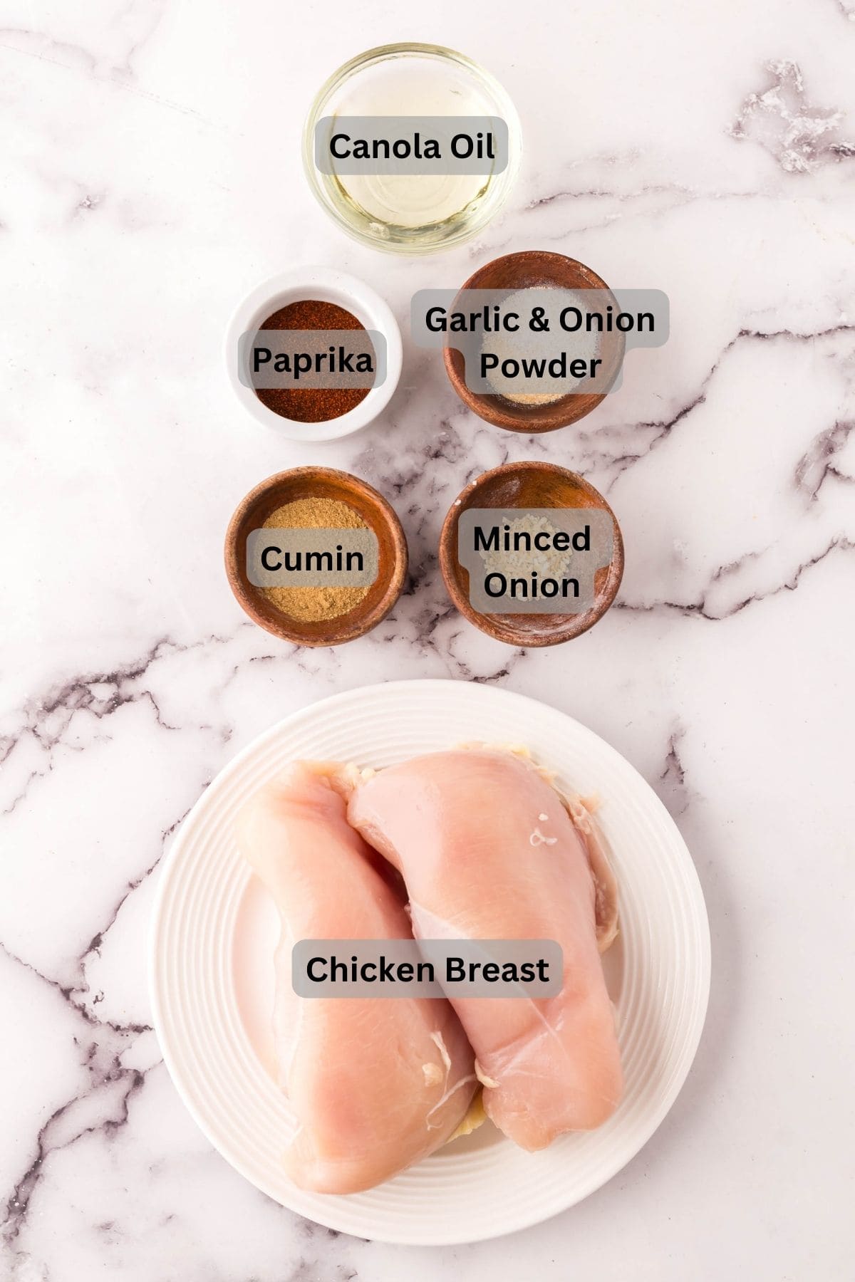 portion bowls each with digitally labeled raw ingredients to make shredded chicken tacos.