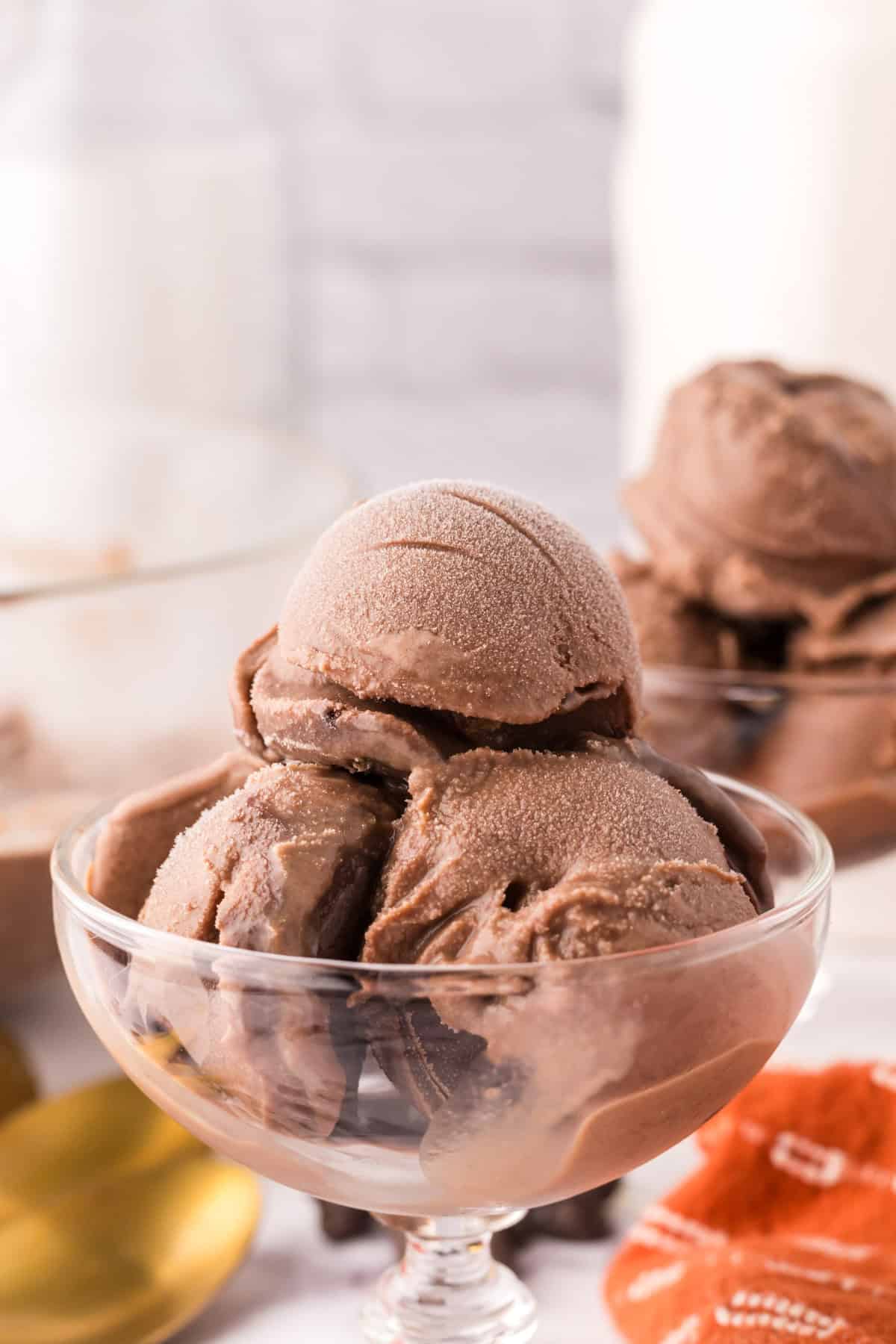 chocolate truffle ice cream scooped into a sundae glass.