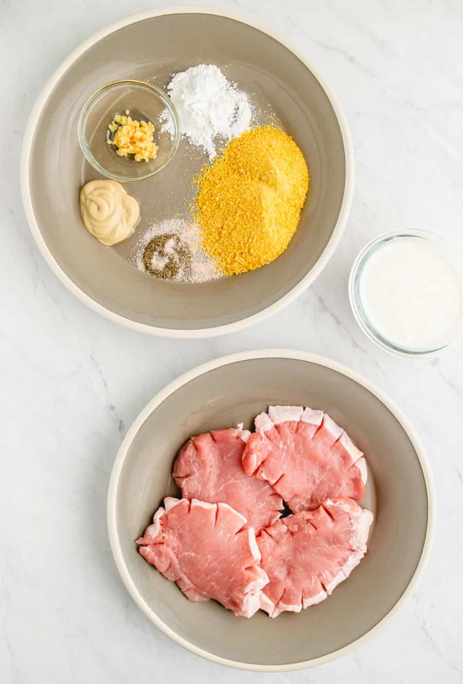 Ingredients to make crispy fried pork chops.