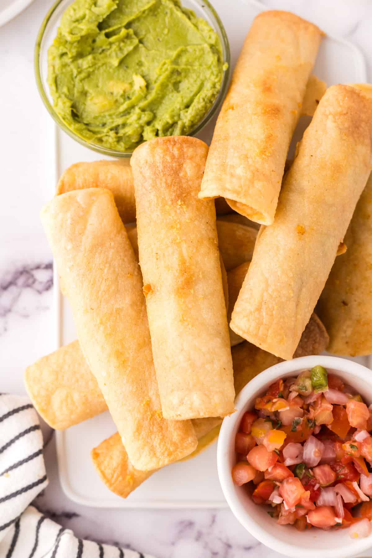Birds eye view of turkey taquitos.