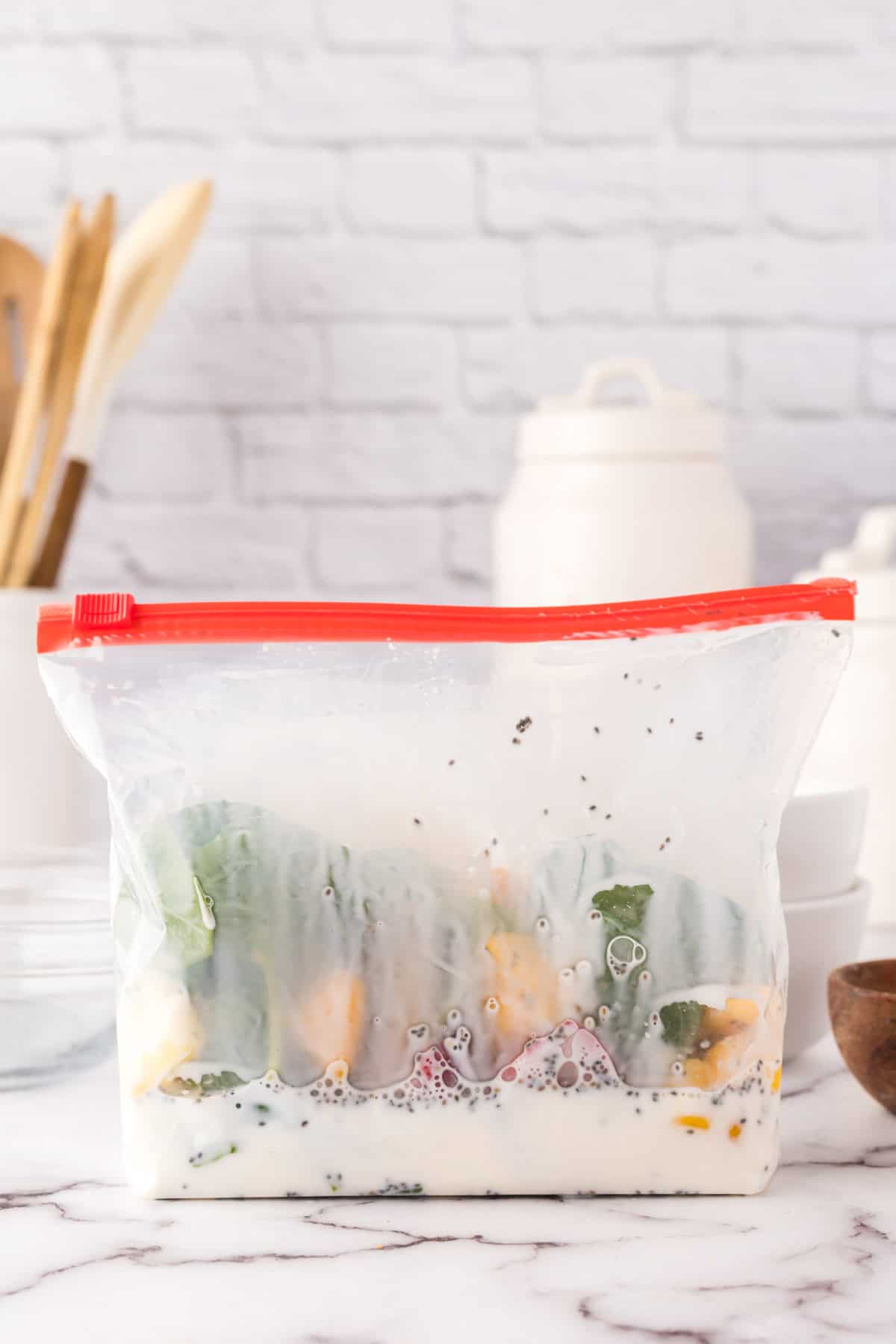 Ingredients for a fruit smoothie in a bag.