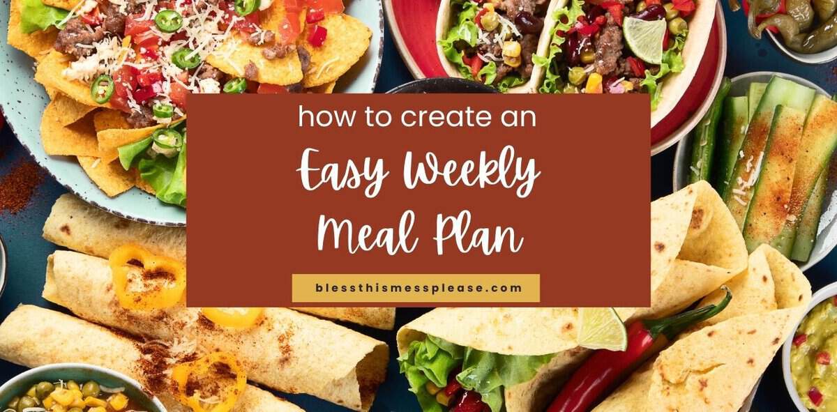 A colorful spread of Mexican-inspired dishes—nachos, tacos, wraps, and veggie bowls—surrounds a central text box that reads, how to create an Easy Weekly Meal Plan for family meal planning at