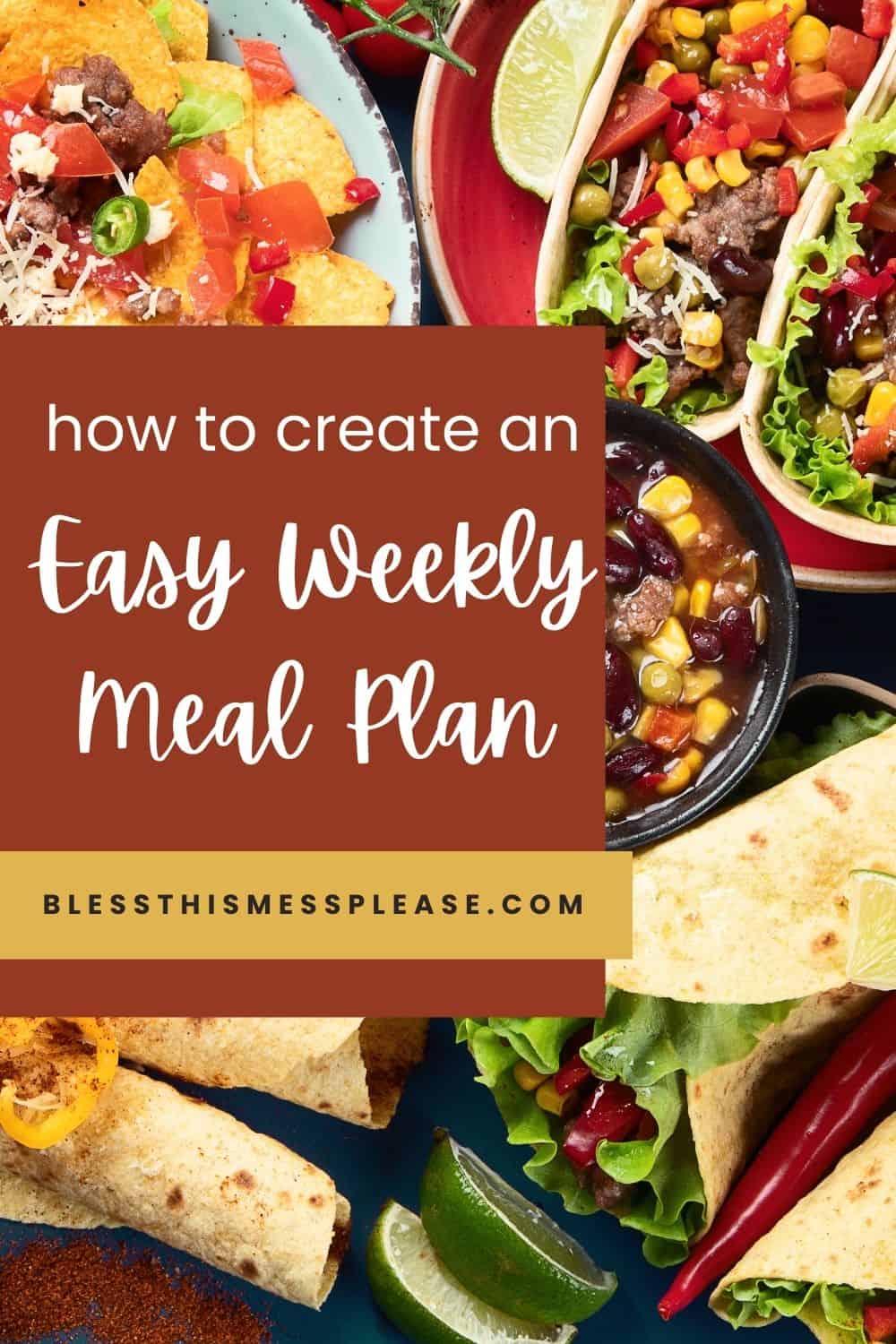 Colorful image of tacos, wraps, and tortilla chips with salsa and chili, surrounding a text box that reads: “How to create an easy family meal planning weekly meal plan.