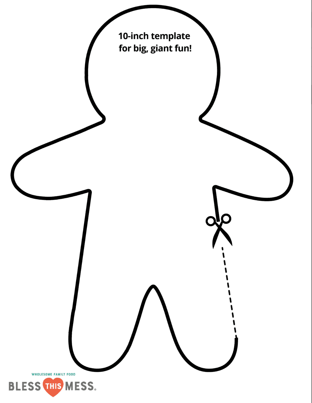 Outline of a gingerbread man with dashed lines indicating where to cut. Text at the top reads, "10-inch gingerbread man cookie templates for big, giant fun!" A pair of scissors is shown mid-cut on the right side. Logo at the bottom says Rcova.