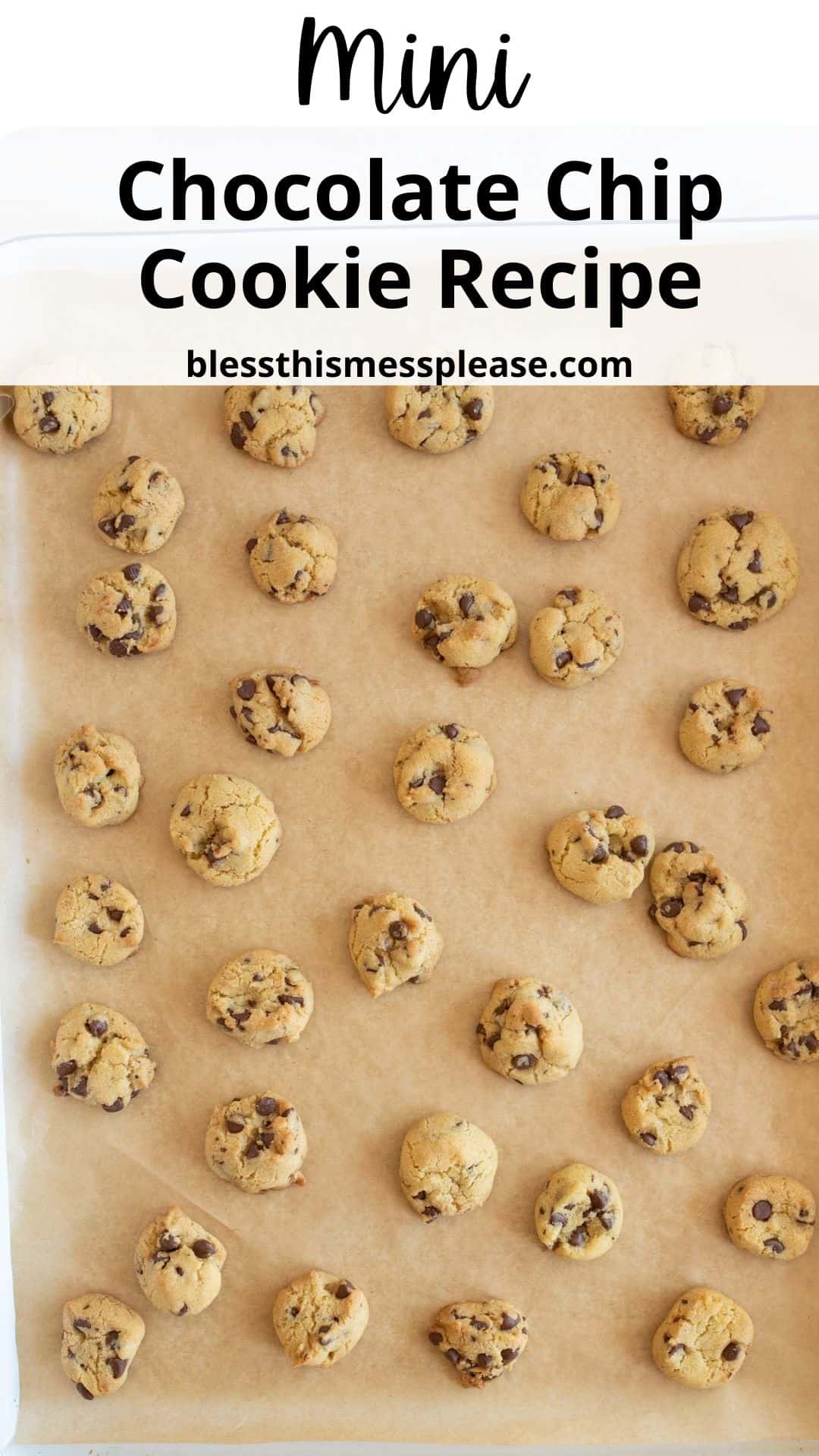 A baking tray lined with parchment paper holds multiple evenly spaced mini chocolate chip cookies. The image text reads Mini Chocolate Chip Cookie Recipe and features the website
