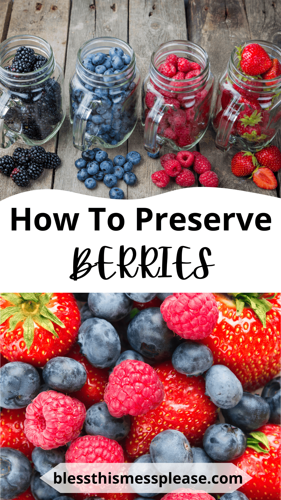 Four jars filled with fresh blackberries, blueberries, raspberries, and strawberries sit on a wooden surface above text reading How To Preserve Berries. Below, mixed berries are shown close up. Website: