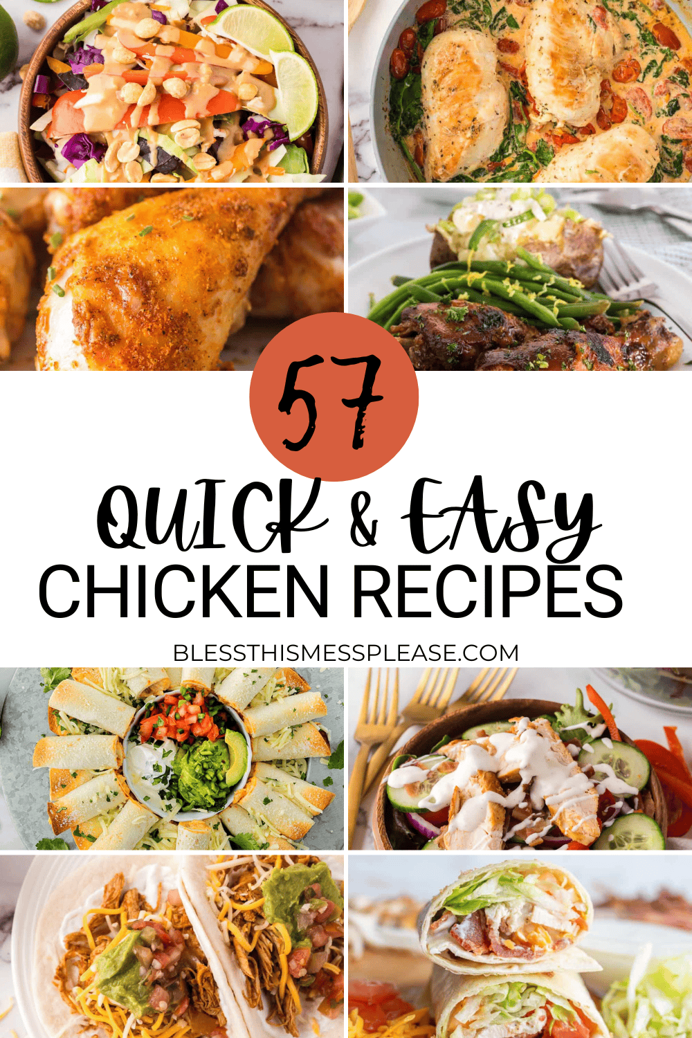 A collage of various chicken dishes surrounds the text 57 Quick & Easy Chicken Dinner Recipes from featuring salads, skillet chicken, tacos, wraps, and baked chicken—perfect for anyone seeking easy chicken dinner recipes.