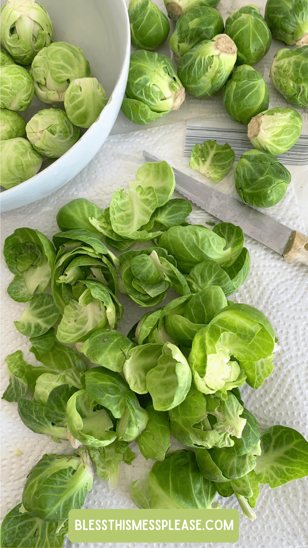 Brussels sprouts being prepped on a paper towel showing how to preserve brussels sprouts, with some whole and some trimmed or halved, a knife and a white bowl nearby. A green label at the bottom reads