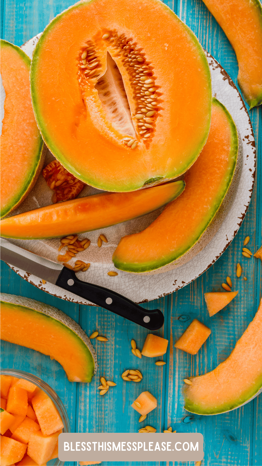 A plate with sliced cantaloupe melon, a knife, and scattered seeds on a blue wooden surface hints at how to preserve cantaloupe. Cubes of cantaloupe are in a bowl nearby. The text is at the bottom.