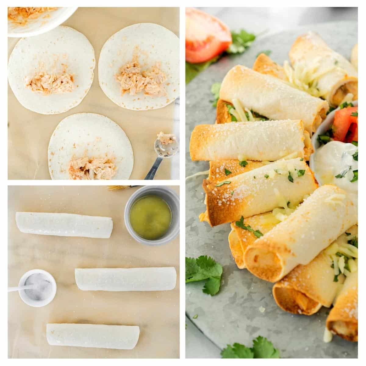 A collage shows tortillas filled with shredded chicken, rolled and brushed with oil, and the finished golden taquitos served on a platter with sour cream, shredded cheese, cilantro, and sliced tomato.