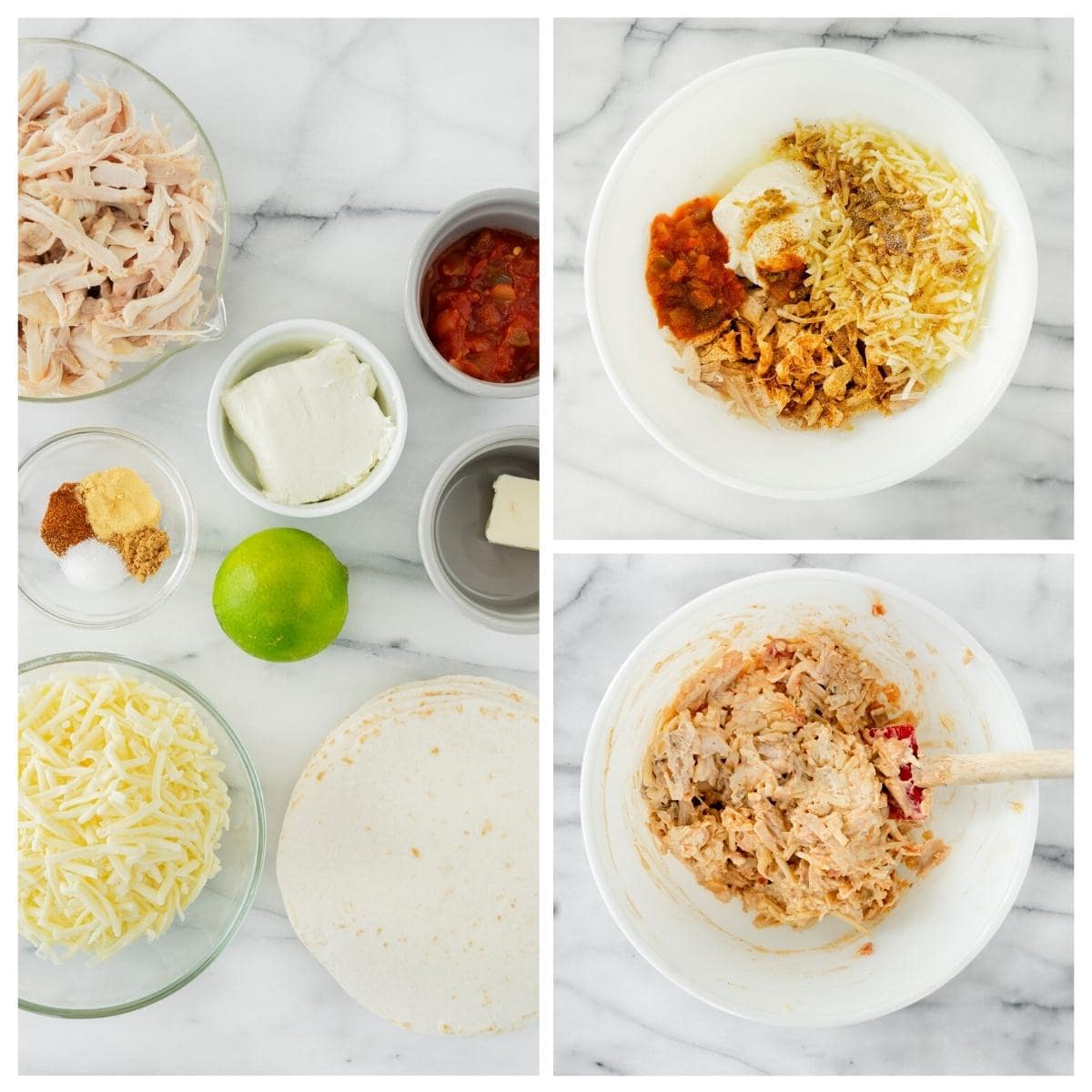 Three images show ingredients for a Mexican dish: shredded chicken, shredded cheese, salsa, cream cheese, butter, seasonings, lime, and tortillas. The process shows mixing ingredients in a bowl to make a creamy chicken filling.