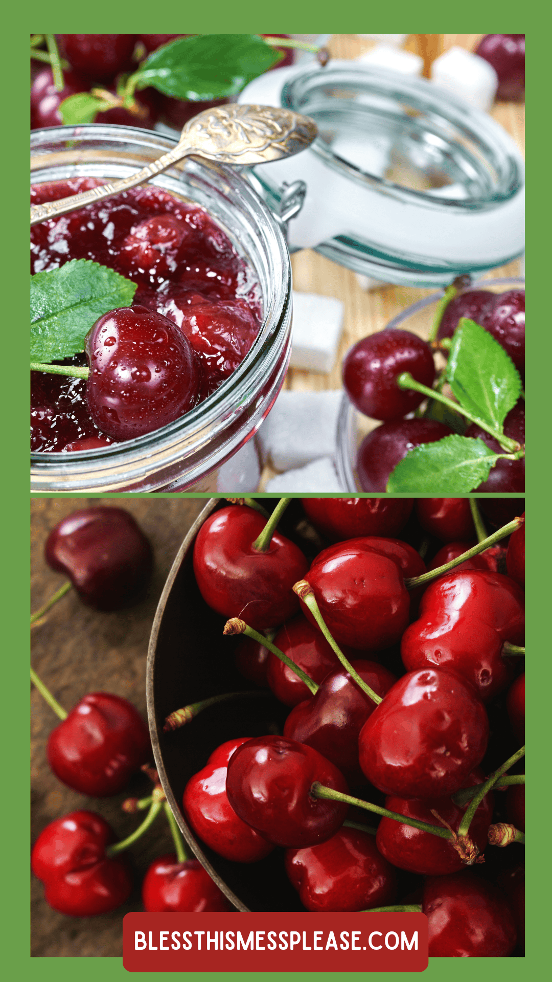 Close-up of a jar of cherry jam with a spoon, fresh cherries, sugar cubes, and a bowl filled with bright red cherries—perfect for anyone learning How To Preserve Cherries. The text appears at the bottom.