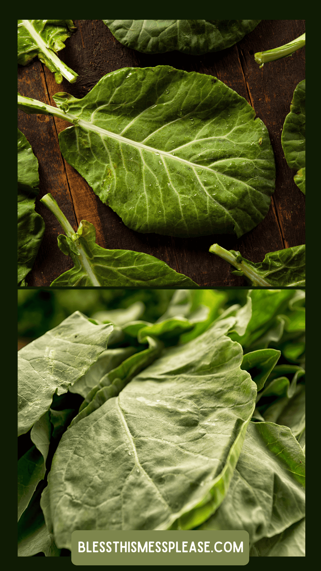 Large, dark green collard green leaves are displayed on a rustic wooden surface in the top section and shown in a close-up pile below. Text at the bottom reads for learning how to preserve collard greens.