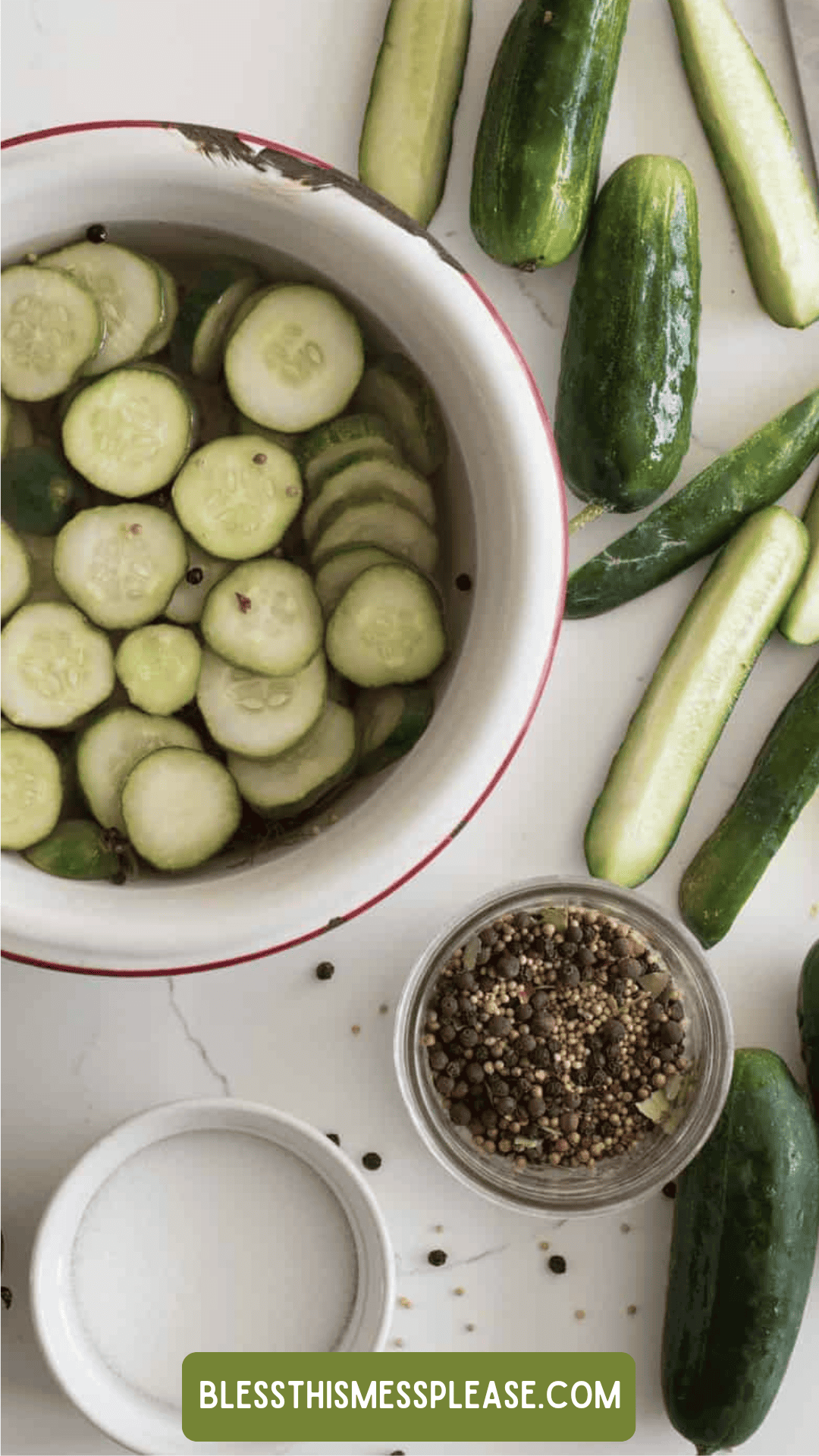 Sliced cucumbers soaking in water, whole cucumbers, pickling spices, and salt are arranged on a white surface. A green label reads “ Learn how to preserve cucumber with these simple ingredients.