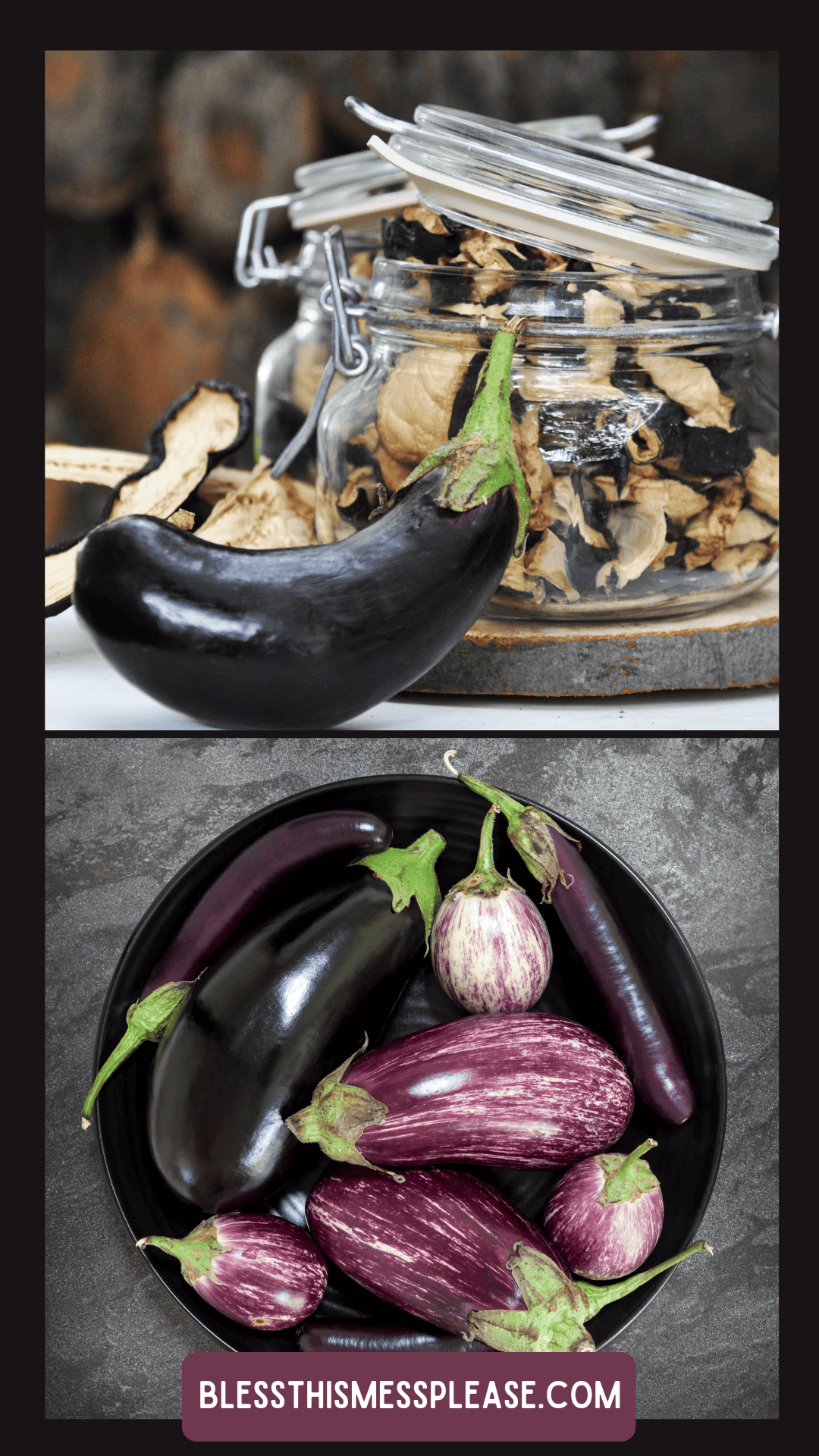 A glass jar of dried eggplant sits behind a fresh eggplant; below, a black bowl holds various colorful eggplants—showcasing how to preserve eggplant. Text at the bottom reads