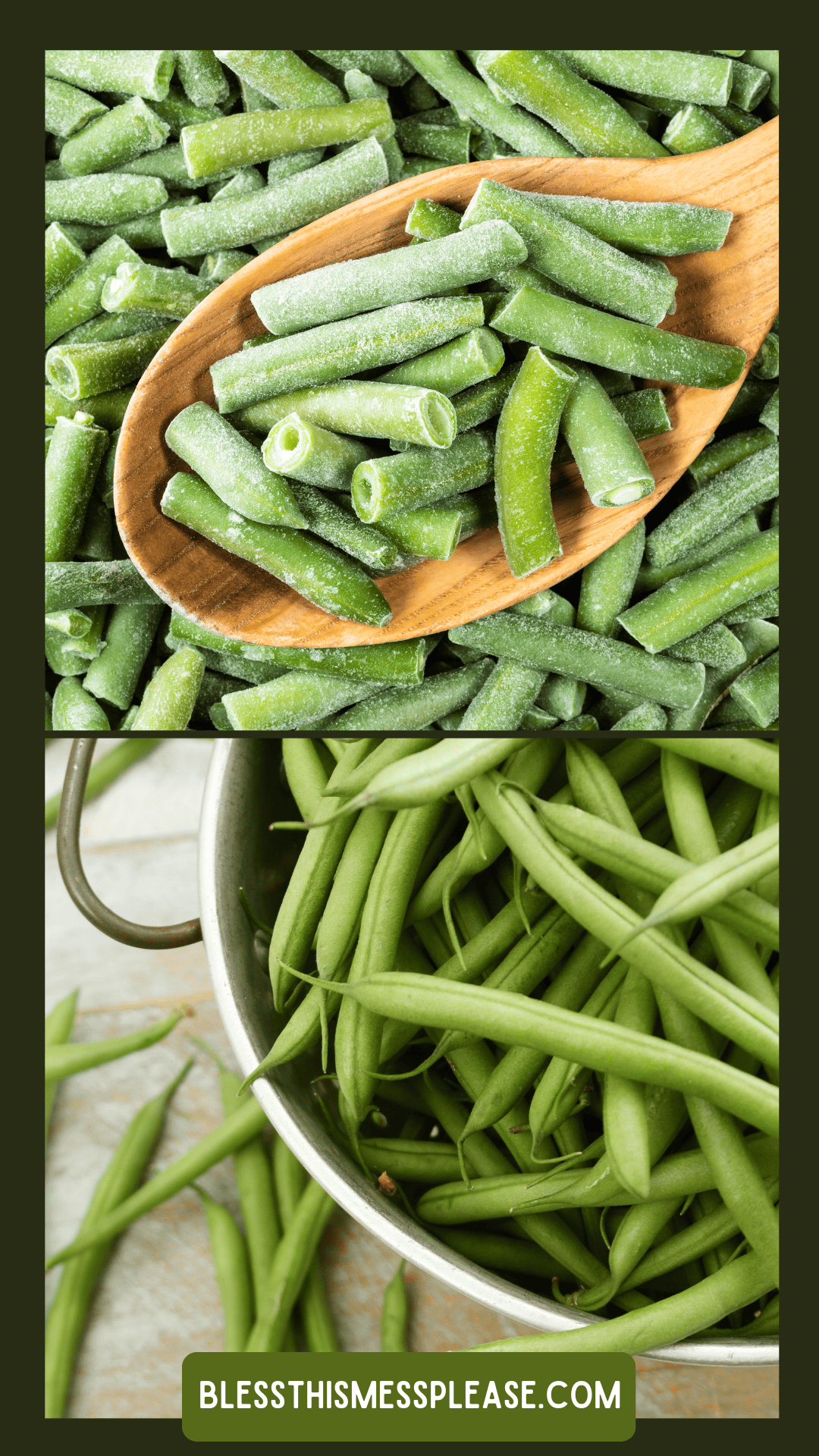 A wooden spoon holds cut frozen green beans above more frozen beans; below, fresh green beans fill a metal colander, illustrating how to preserve green beans. A website, is noted at the bottom.