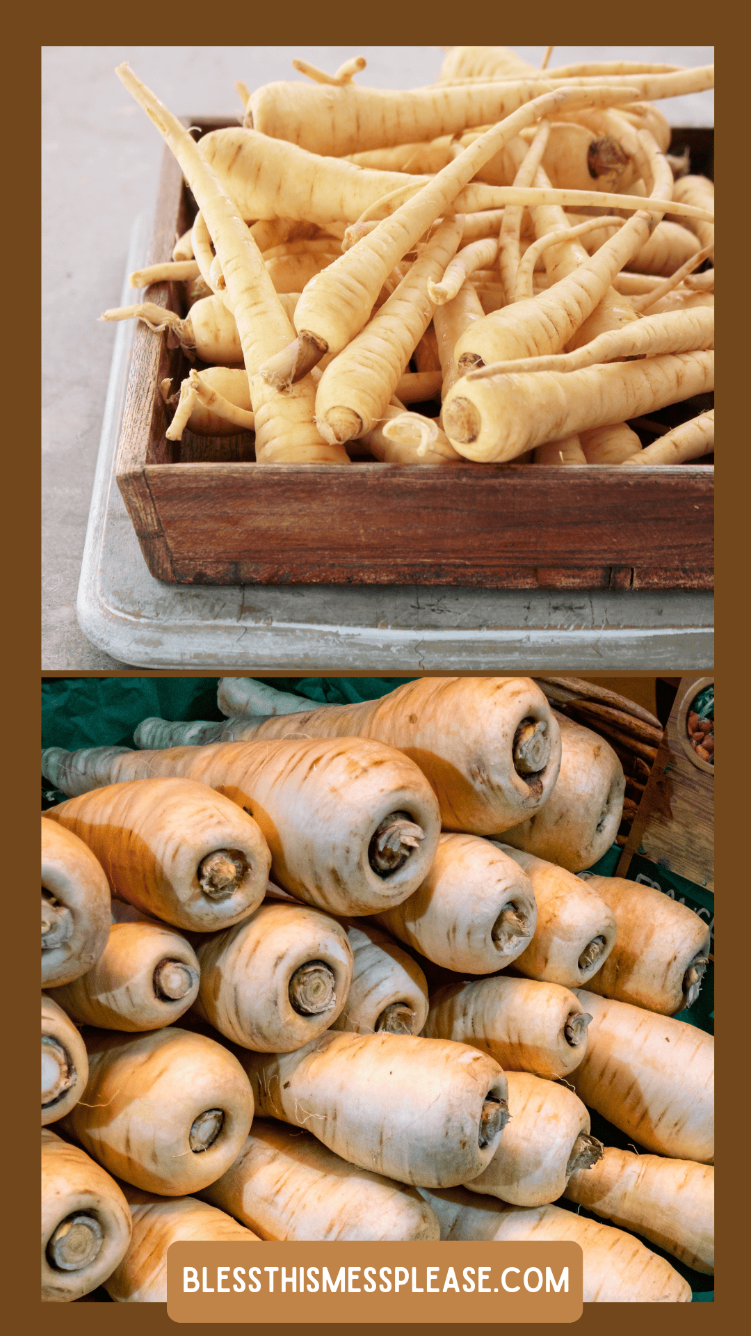 Top: Long, thin parsnips in a wooden box. Bottom: Shorter, thicker parsnips piled together. A website, is displayed at the bottom of the image.